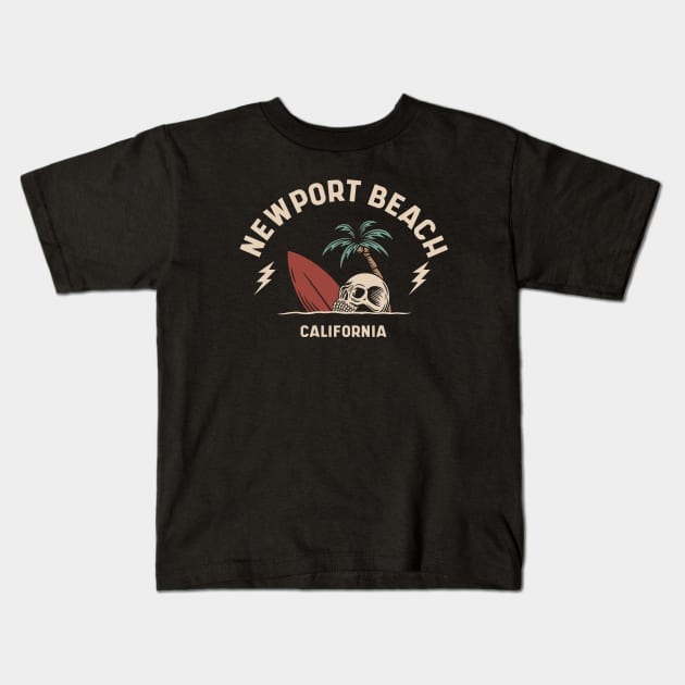 Vintage Surfing Newport Beach California // Retro Surf Skull Kids T-Shirt by Now Boarding